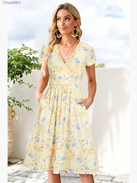 Soft Stretchy V-Neck Midi Dress with Pockets Floral Summer Casual - Picture 4 of 6